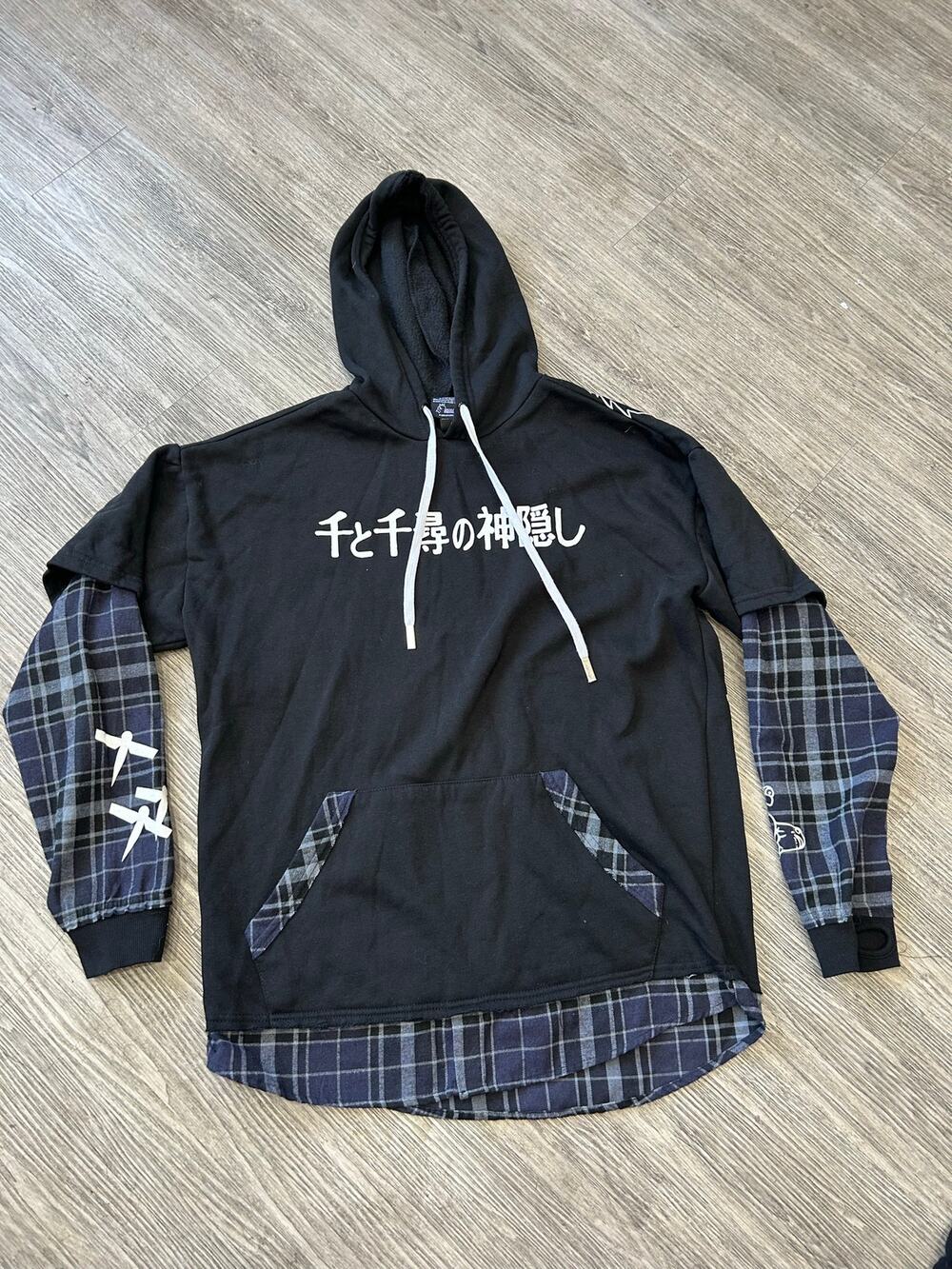 Spirited Away Haku Dragon Layered Plaid Hoodie Graphic Sweatshirt Size Small